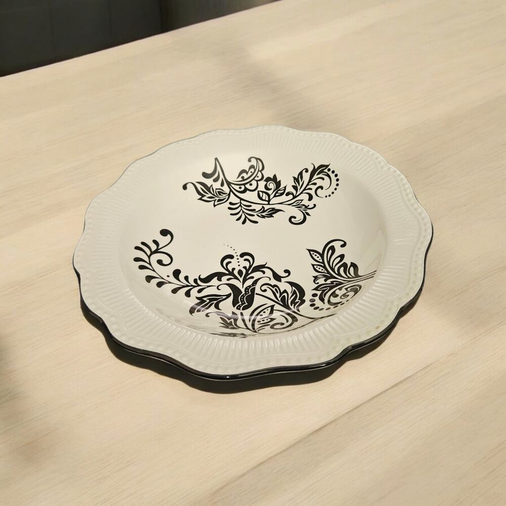 American Atelier Sonnet Black White Ironstone Serving Bowl Scroll Floral
